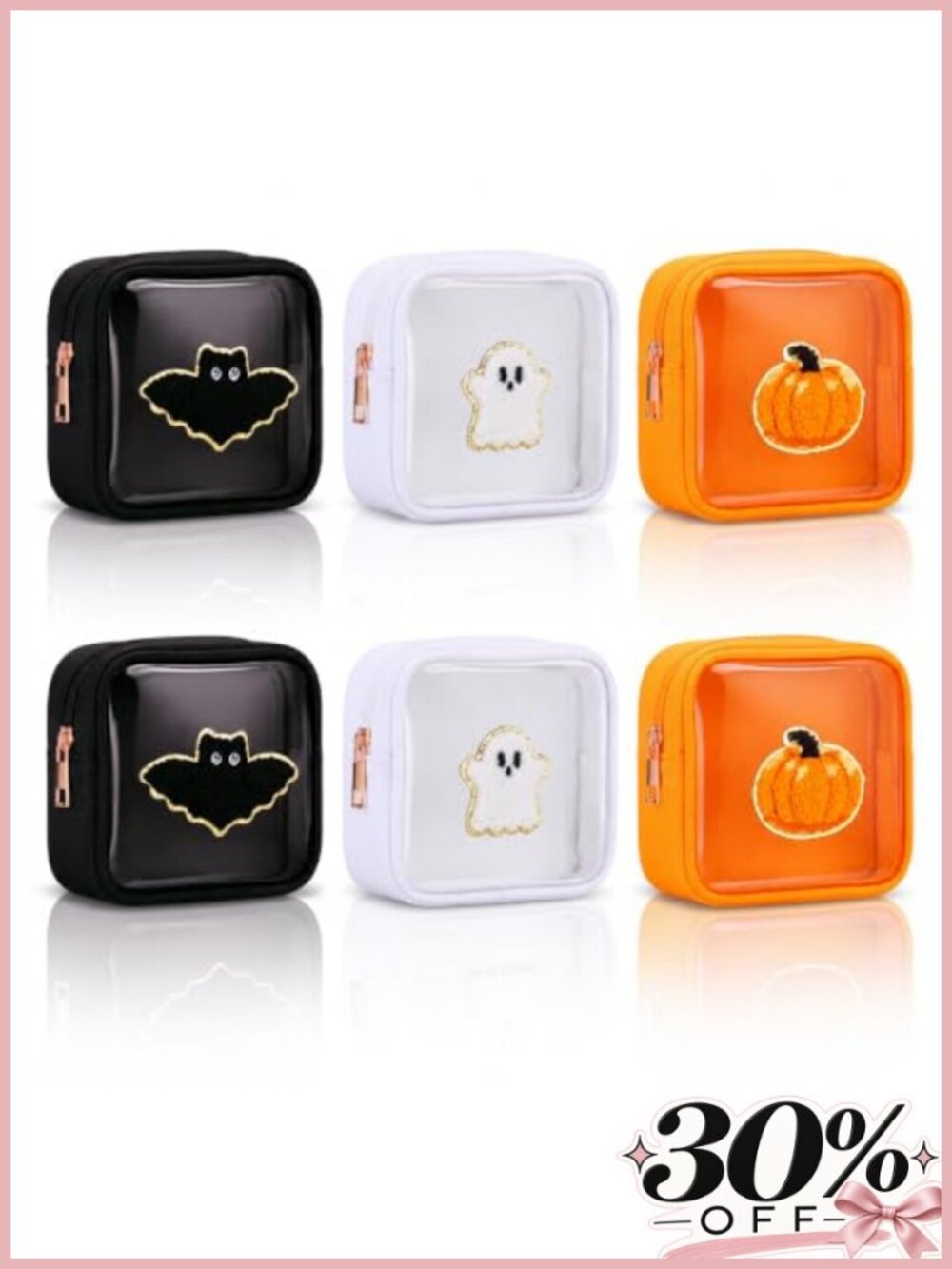 Halloween Makeup Bags Set of 6 Clear PVC Cosmetic Pouches with Chenille Patches